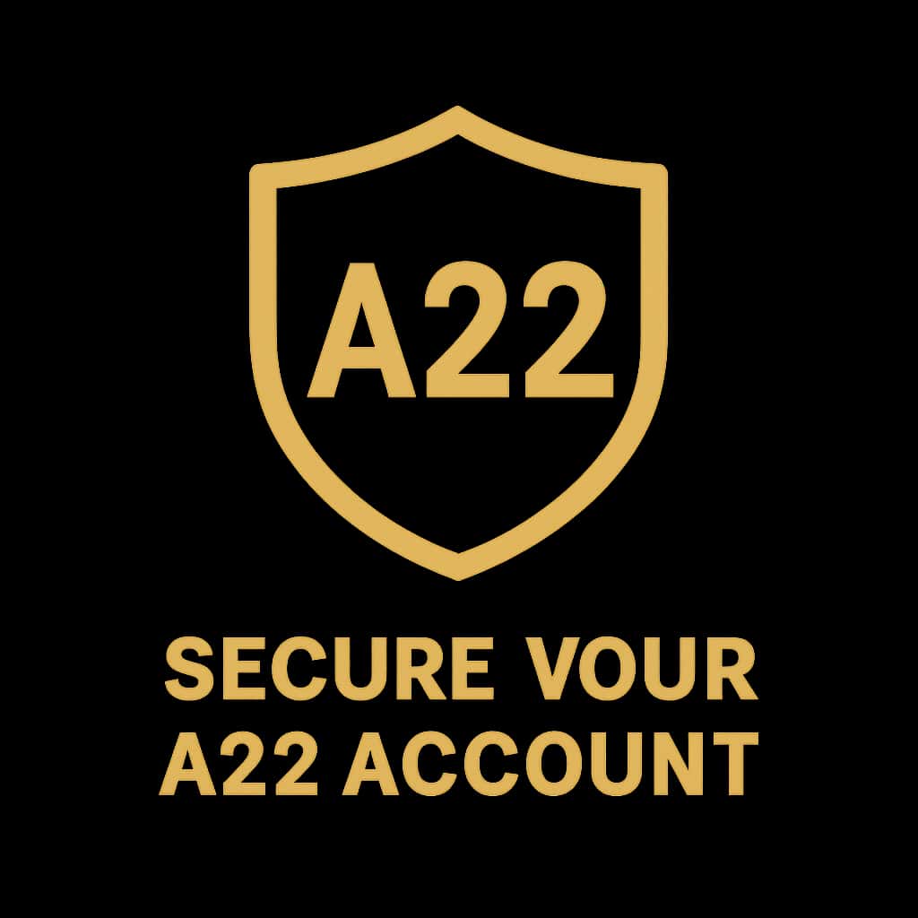 A professional badge illustrating A22 account security.