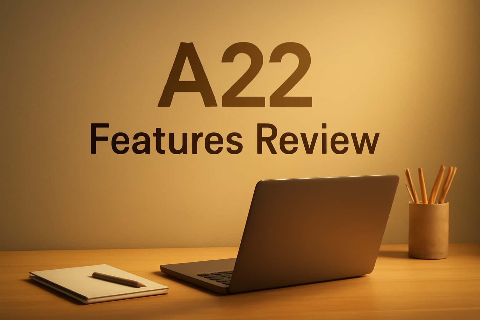 An informational scene depicting the A22 Features Review with futuristic design elements.
