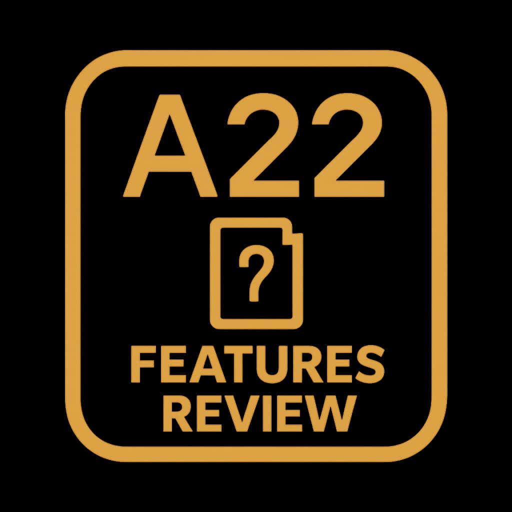 A badge symbolizing the A22 Features Review, designed with a professional aesthetic.