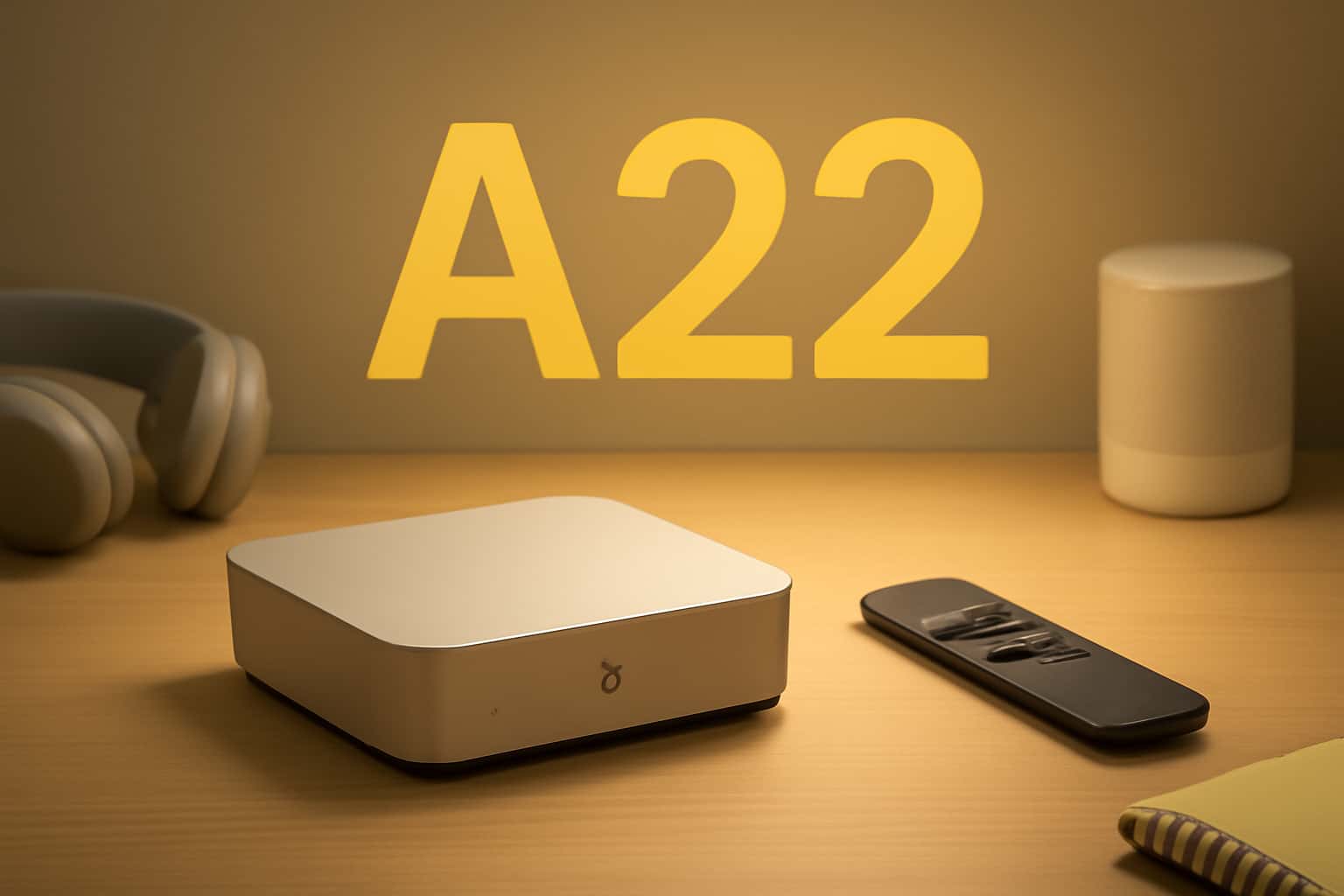 A futuristic representation of A22 features with the text 'A22' prominently displayed.