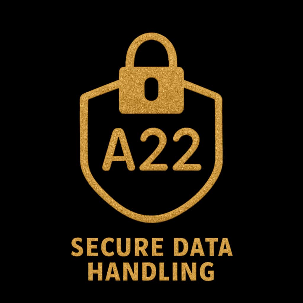 An icon representing Secure A22 Data Handling, symbolizing data security and integrity.